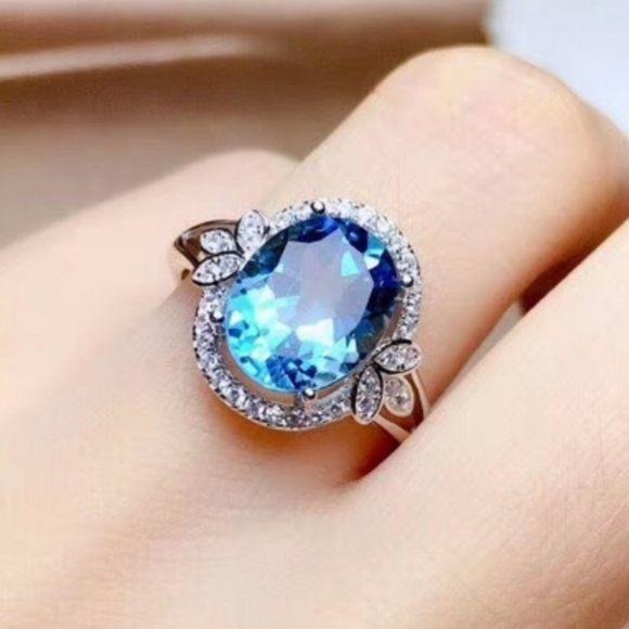 NEW 925 Sterling Silver Topaz Diamond Halo Ring - Picture 2 of 5